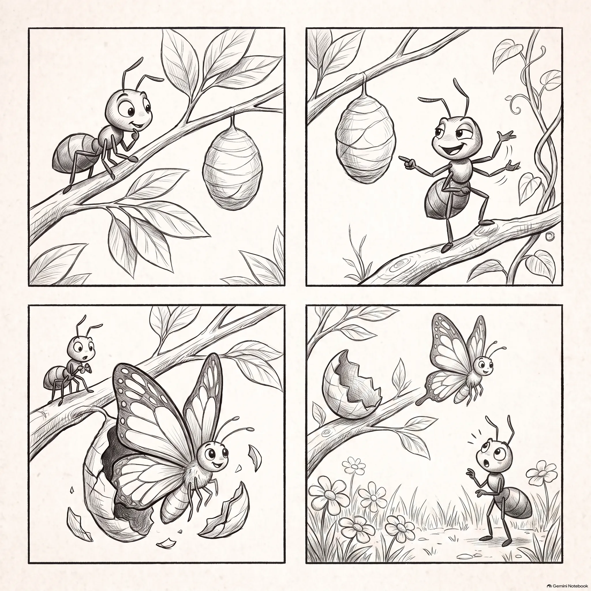 Ant watches butterfly emerge